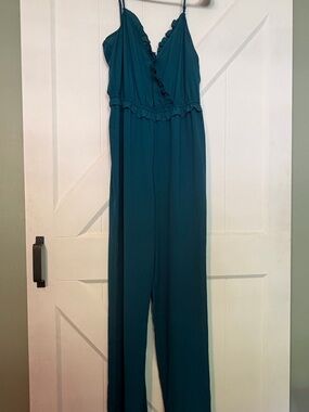 Kingston Teal Ruffle V-Neck Jumpsuit